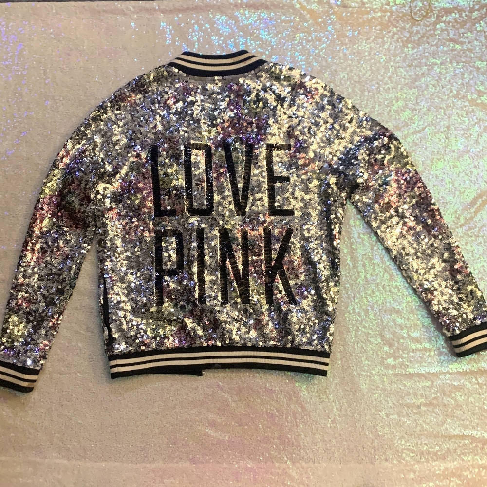 Victoria Secret PINK Sequin Bling Varsity Jacket Silver w/ floral pink medium